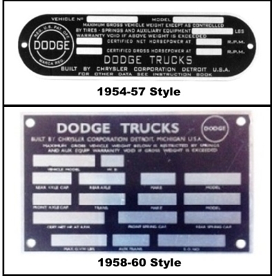 Aluminum vehicle serial and model number identification plate for 1954 ...